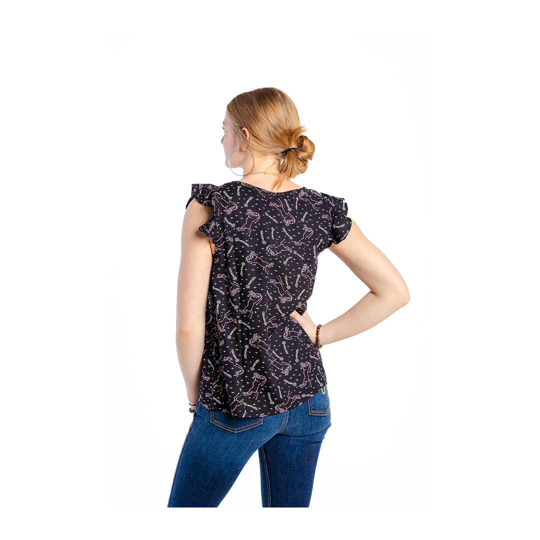 Roper Women's Constellations Print Ruffle Sleeveless Top