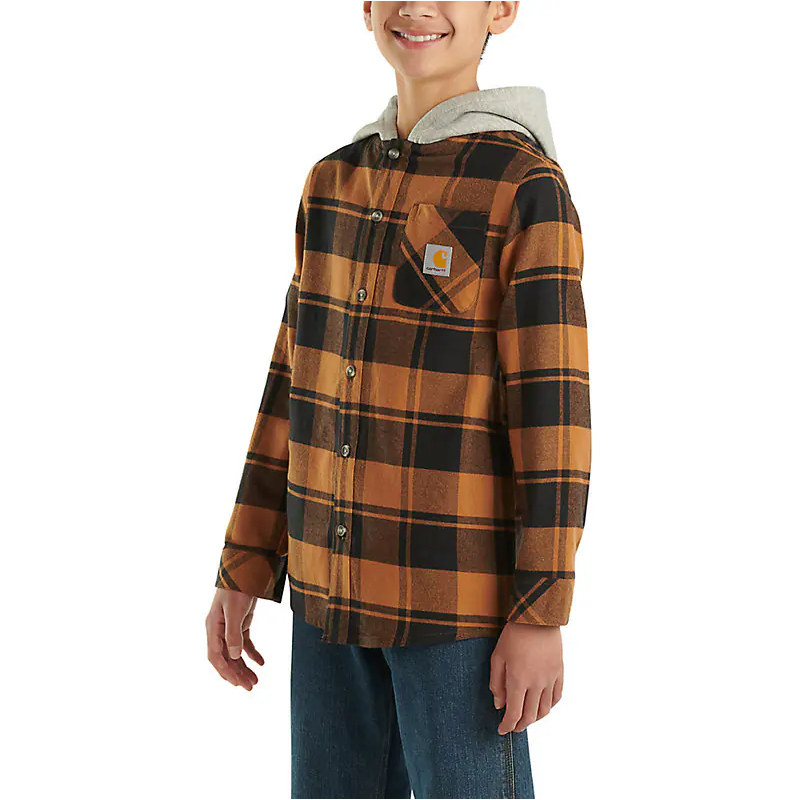Carhartt Boy's Long-Sleeve Flannel Button-Front Hooded Shirt (Brown)