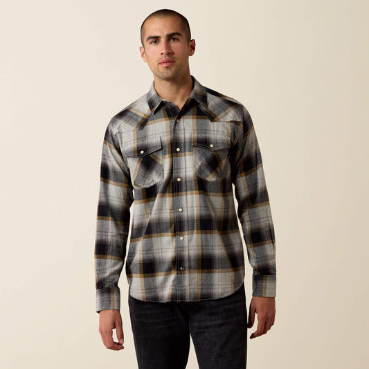 Ariat Men's Retro Heinz Grey Heather Plaid Fitted Snap Western Shirt