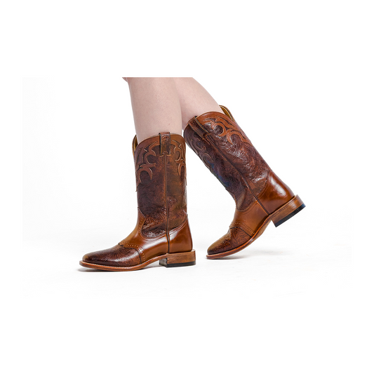 Boulet Women's Cowgirl Boots 14" Cowhide Tooled / Embossed Wide Square Toe Roper Heel