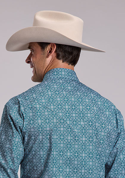 Stetson Men's Teal Filgree Print Snap Short Sleeve Western Shirt