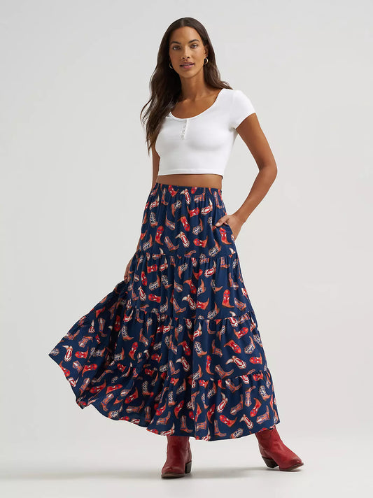 Women's Wrangler Printed Tiered Maxi Skirt in Navy Blue weis-western-wear