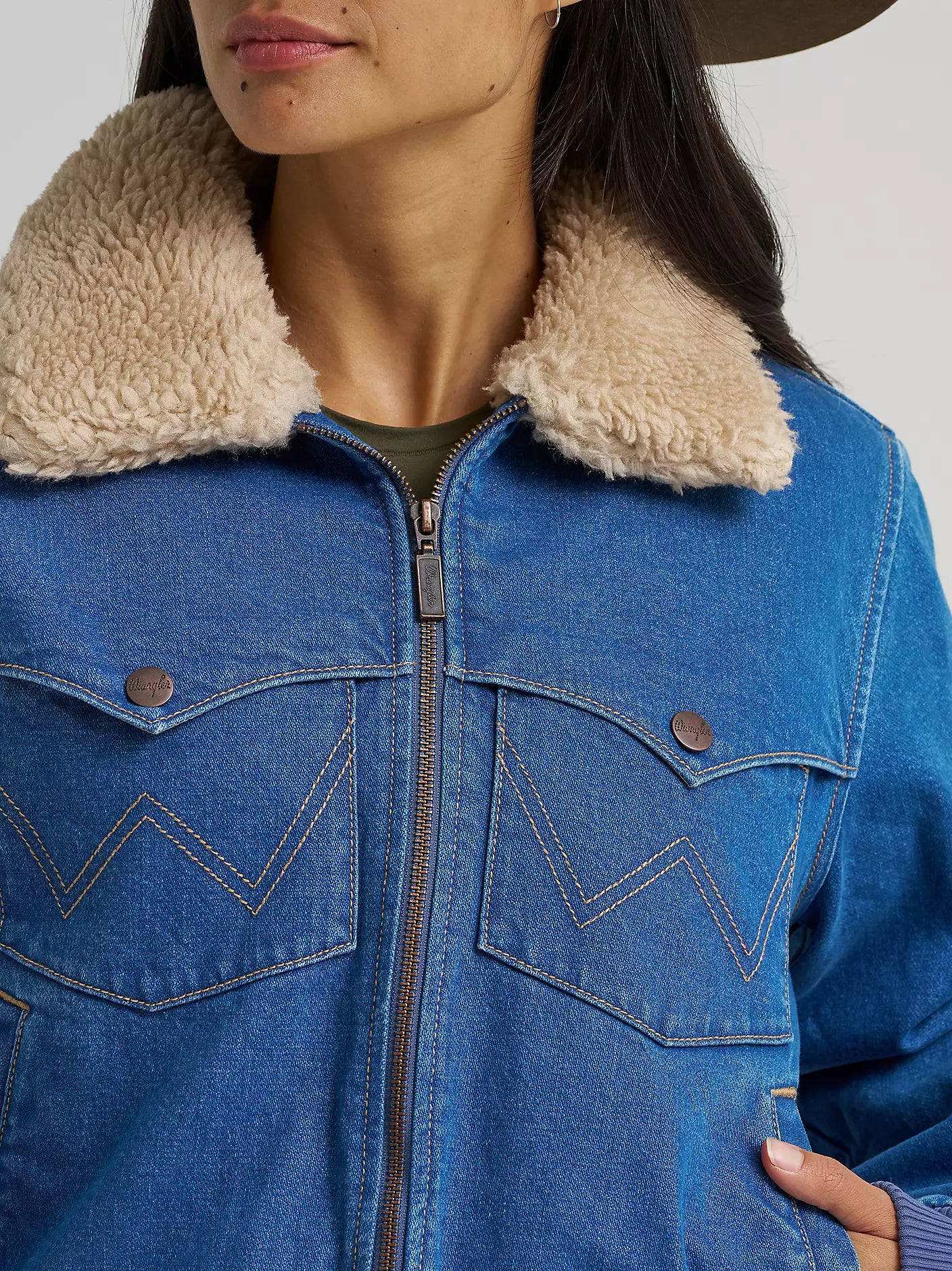 Wrangler Women's Denim Sherpa-Lined Bomber Jacket