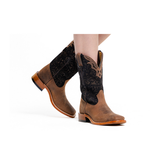 Boulet Women's Cowgirl Boots 11" Oiled Cowhide Embossed Nubuck Roper Heel Wide Square Toe