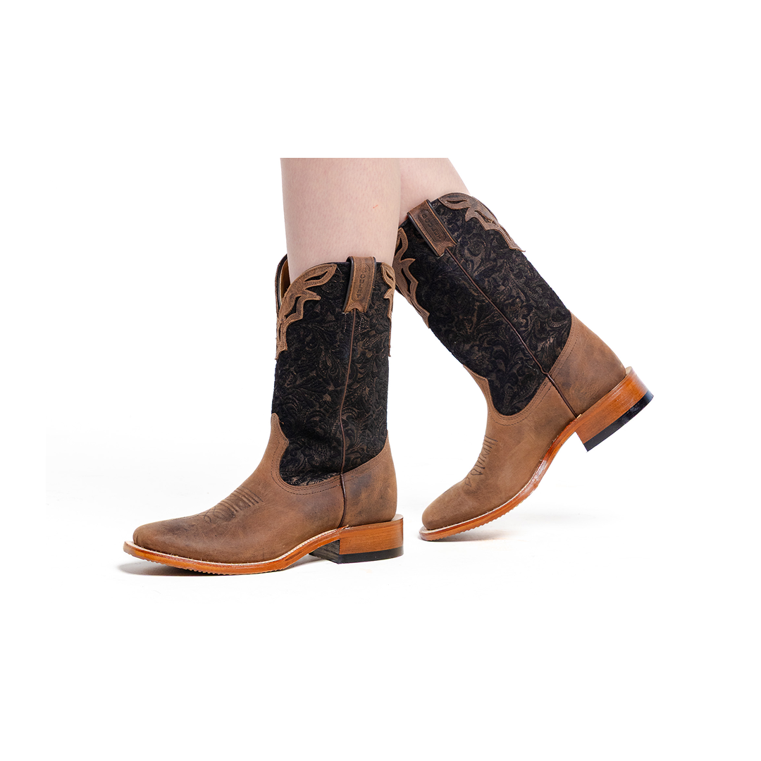 Boulet Women's Cowgirl Boots 11" Oiled Cowhide Embossed Nubuck Roper Heel Wide Square Toe