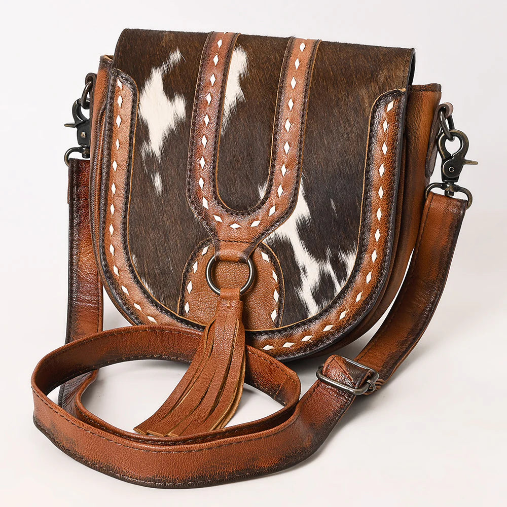 American Darling Hair-On Cowhide Cross Body Bag Genuine Leather with Tassel weis-western-wear