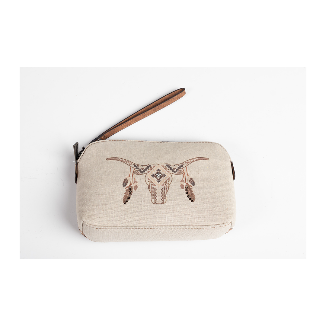 Catchfly Women's Cosmetic Pouch Canvas Cow Skull With Feathers