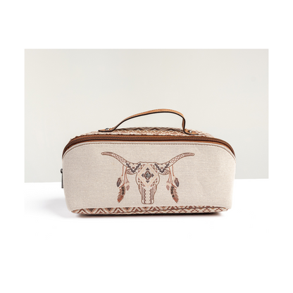 Catchfly Women's Cosmetic Case Canvas Cow Skull With Feathers