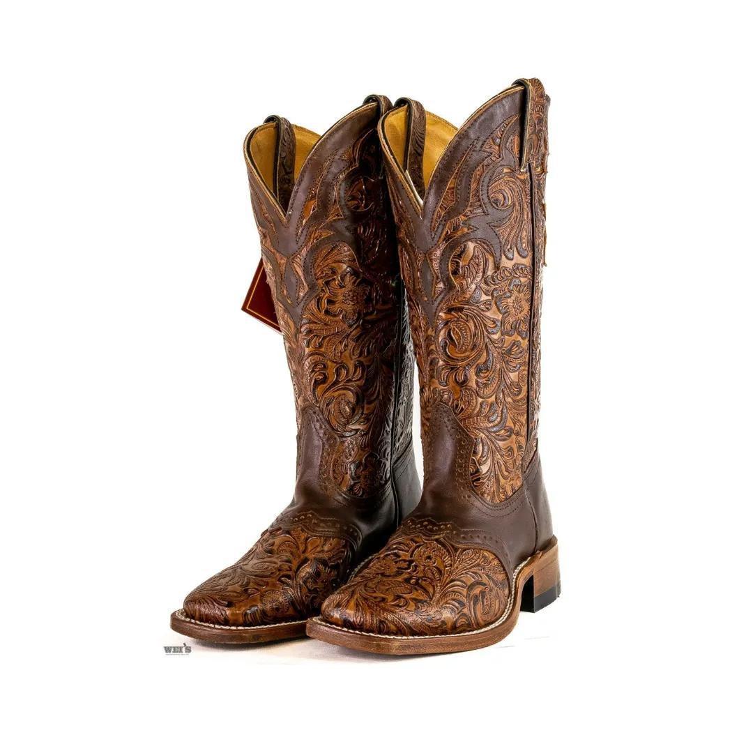 Boulet Women's Cowgirl Boots 14" Cowhide Tooled / Embossed Wide Square Toe Roper Heel