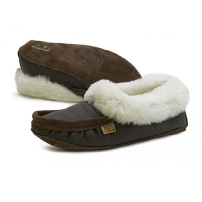 Laurentian Chief Men's Sheepskin Moccasin Slippers in Dark Brown