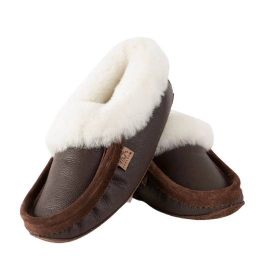 Laurentian Chief Men's Sheepskin Moccasin Slippers in Dark Brown