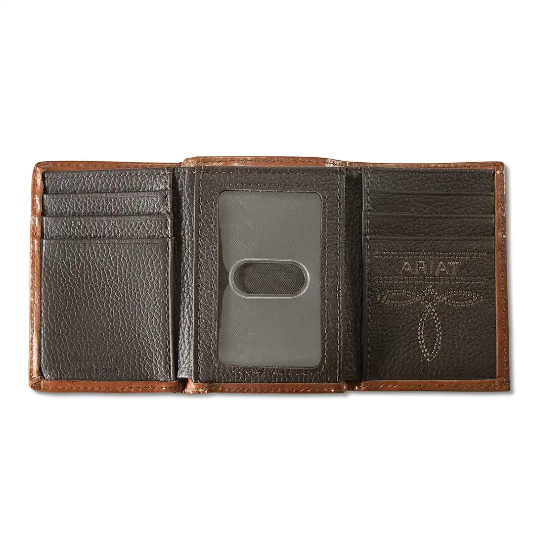 Ariat Men's Wallet Tri-Fold Laser Etched Shield Brown