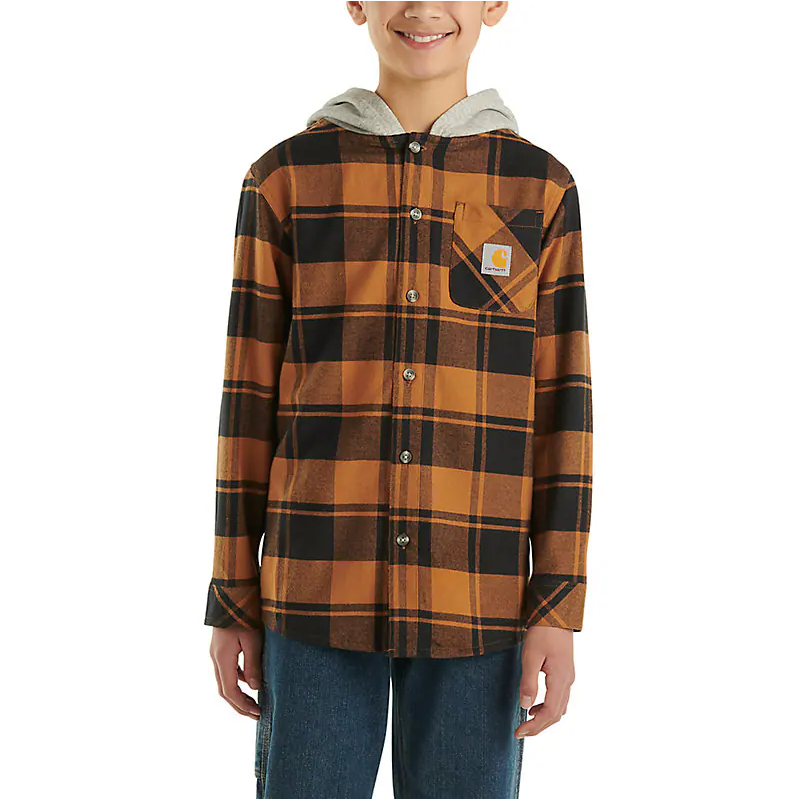 Carhartt Boy's Long-Sleeve Flannel Button-Front Hooded Shirt (Brown)