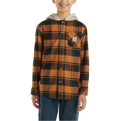 Carhartt Boy's Long-Sleeve Flannel Button-Front Hooded Shirt (Brown)