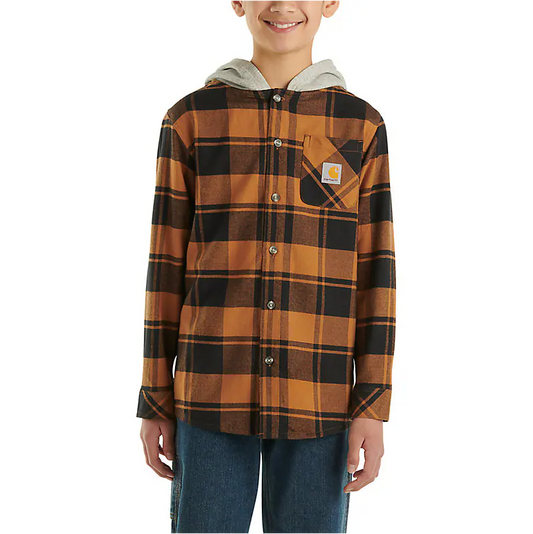 Carhartt Boy's Long-Sleeve Flannel Button-Front Hooded Shirt (Brown)
