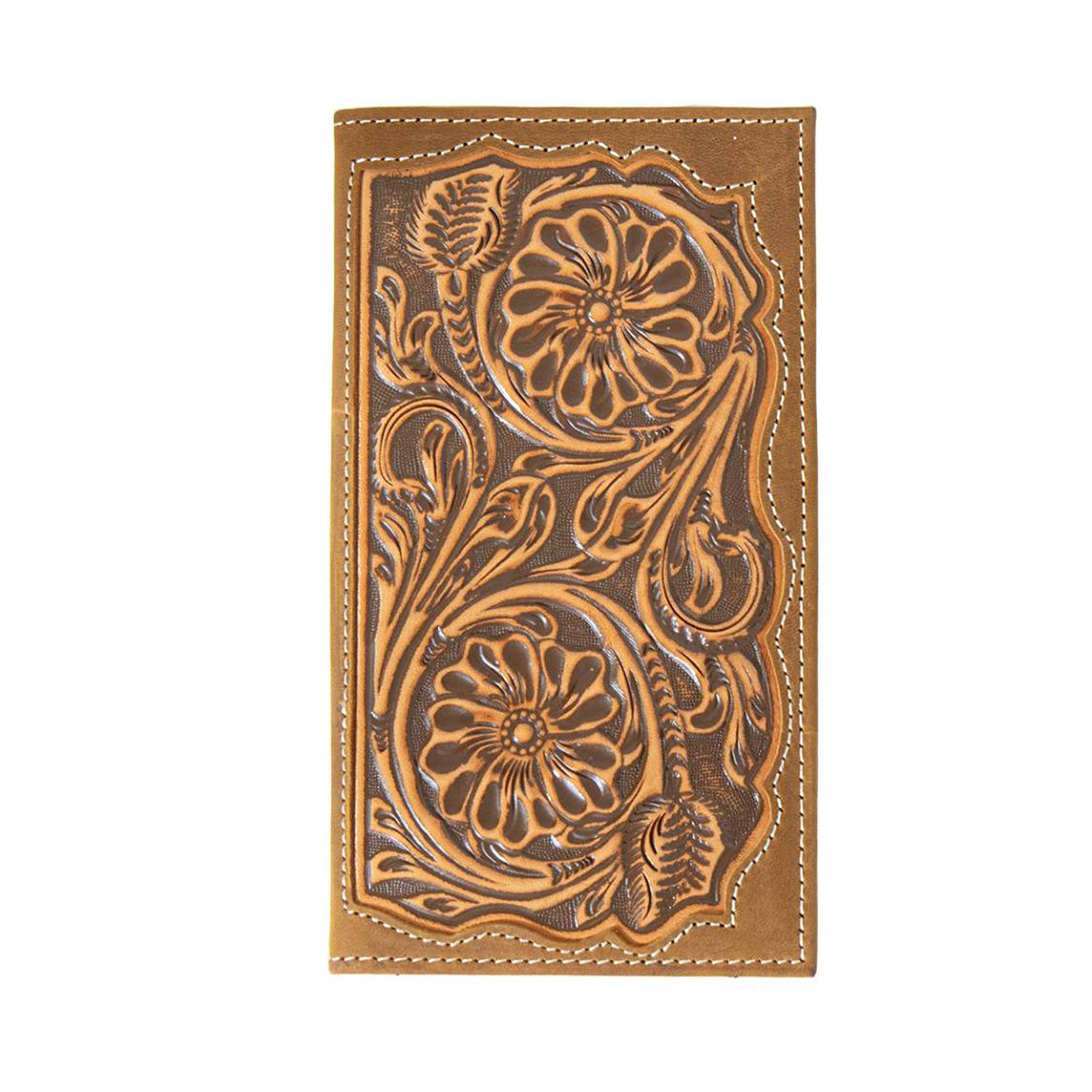 3D Western Mens Wallet Rodeo Leather Floral Embossed Inlay Brown