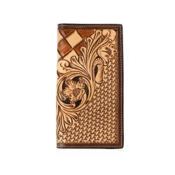 3D Belt Co. Mens Rodeo Style Wallet Hand Tooled Floral Basketweave Tan