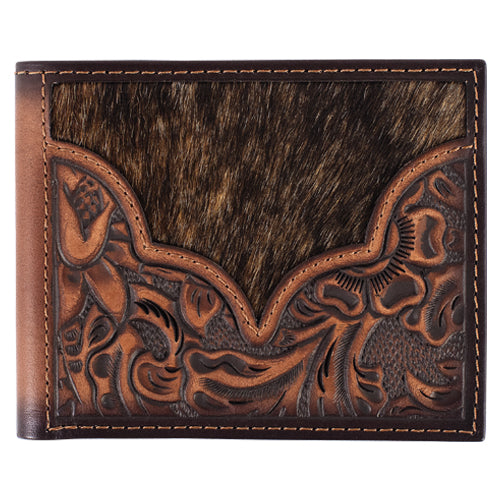 Justin Men's Genuine Leather Bifold Wallet Floral Tooling With Cowhide weis-western-wear