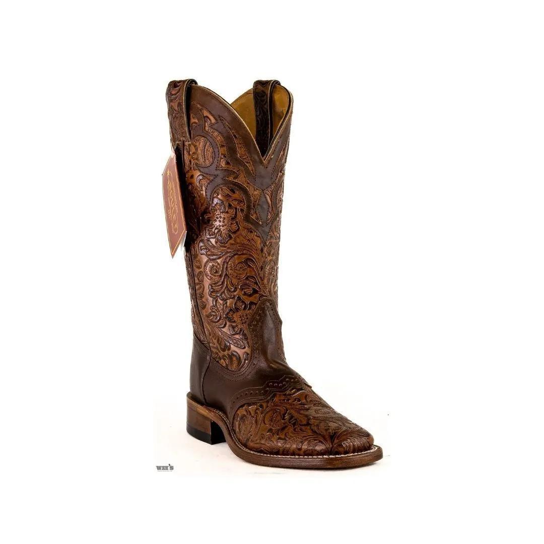Boulet Women's Cowgirl Boots 14" Cowhide Tooled / Embossed Wide Square Toe Roper Heel