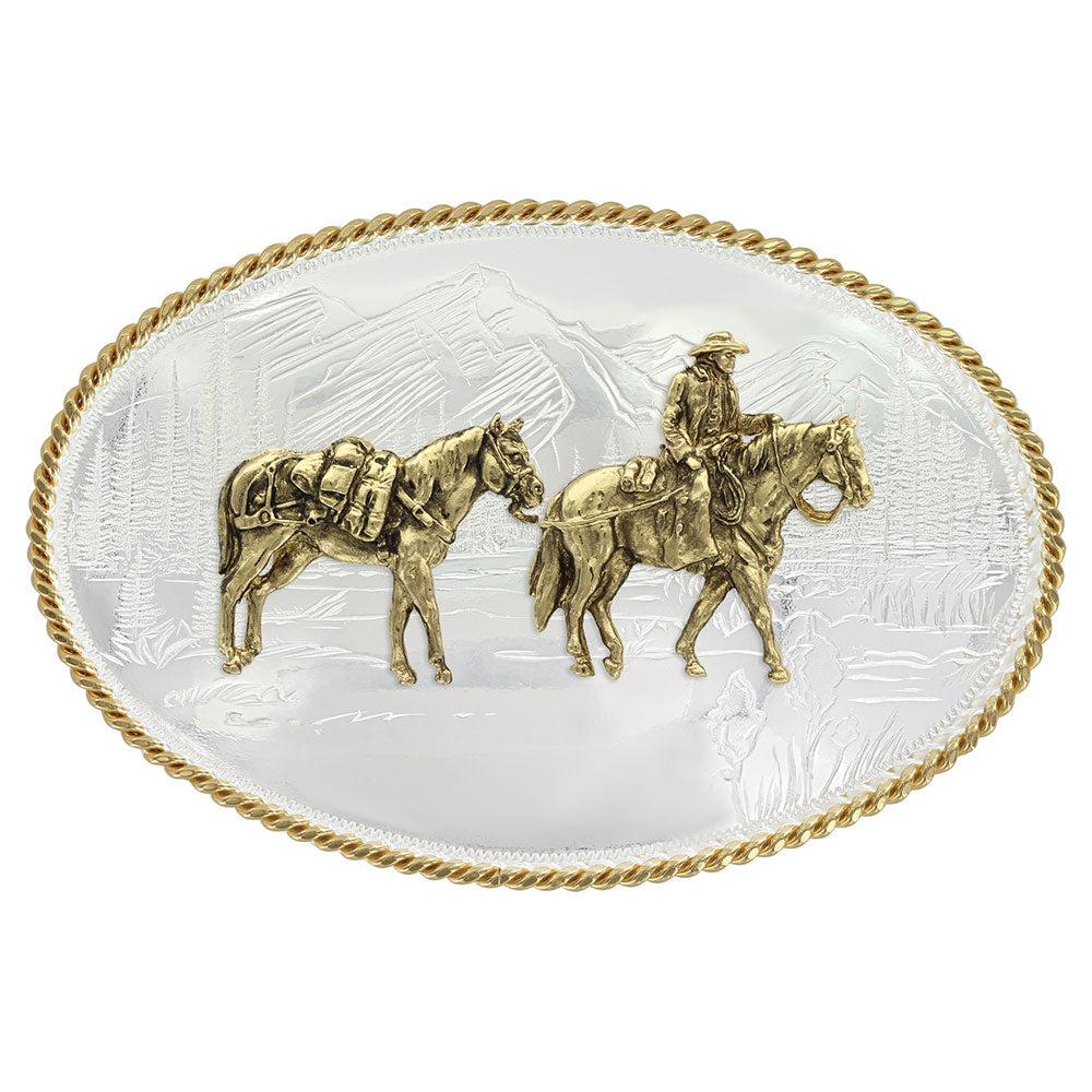 Montana Silver Etched Mountains Western Belt Buckle with Pack Horse and Rider