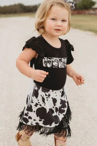 Shea Baby Girl Black Cowprint Fringe Onesie weis-western-wear