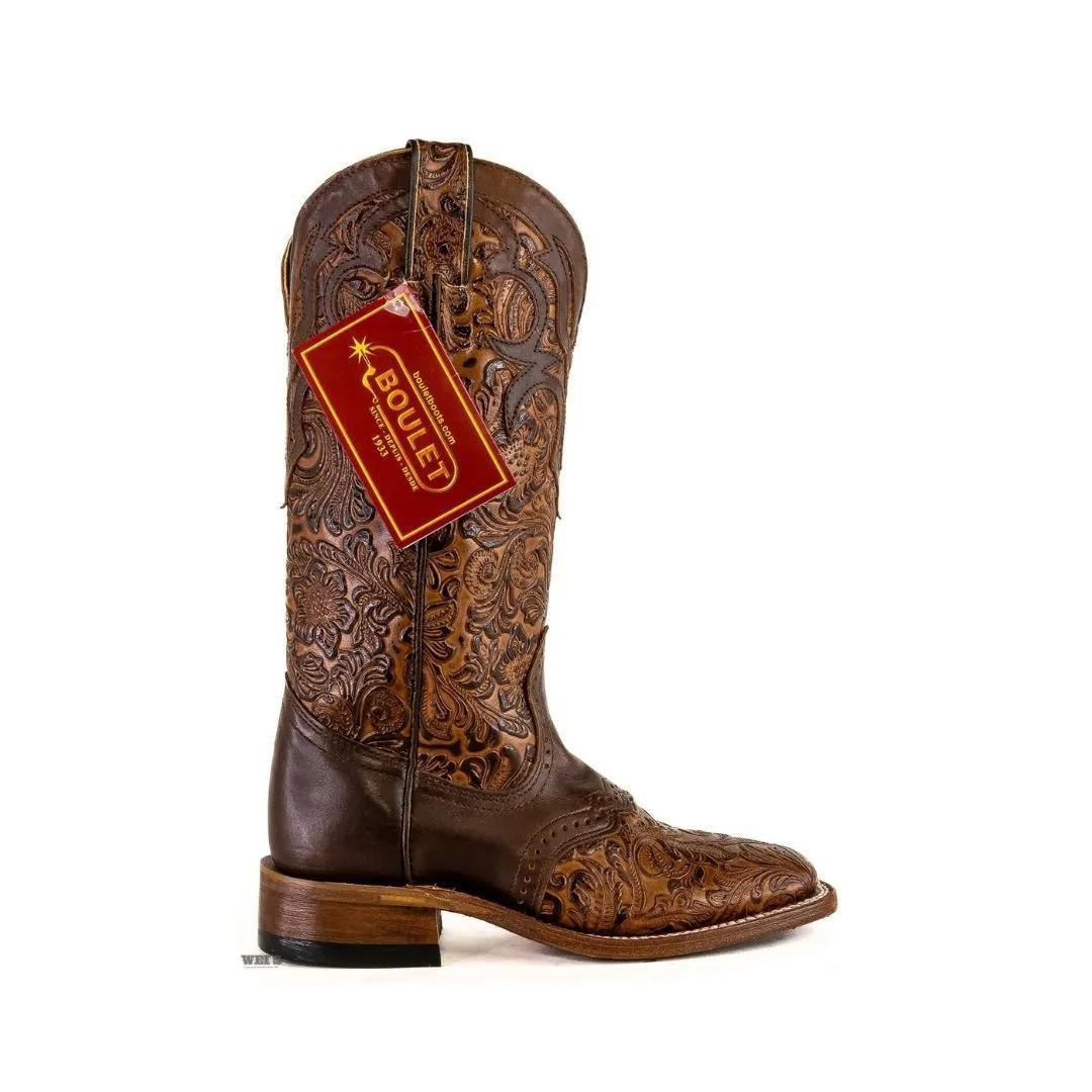 Boulet Women's Cowgirl Boots 14" Cowhide Tooled / Embossed Wide Square Toe Roper Heel