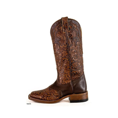 Boulet Women's Cowgirl Boots 14" Cowhide Tooled / Embossed Wide Square Toe Roper Heel