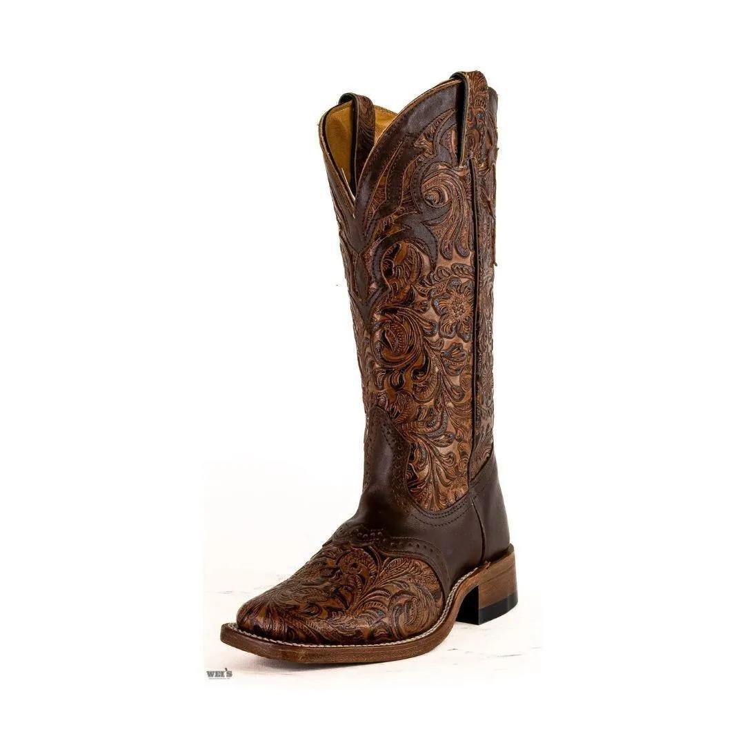 Boulet Women's Cowgirl Boots 14" Cowhide Tooled / Embossed Wide Square Toe Roper Heel