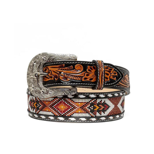 ASF Leathers Men's Beaded Tooled Leather Belt