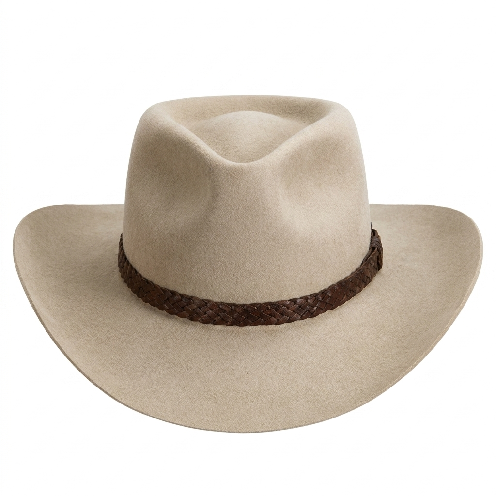 Akubra Overlander Heritage Collection fur felt hat in dark brown, three-quarter front view.