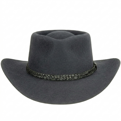Akubra Overlander Heritage Collection fur felt hat, front view showing brim slope and crown crease.