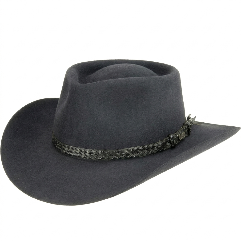 Akubra Overlander Heritage Collection fur felt hat in dark brown, side full view.