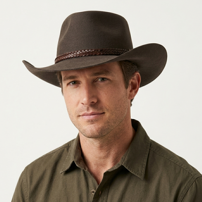 Akubra Overlander Heritage Collection fur felt hat, close-up view of the premium bound brim edge.