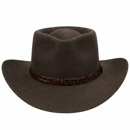 Akubra Overlander Heritage Collection fur felt hat in dark brown, alternative angled side profile.