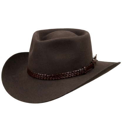 Akubra Overlander Heritage Collection fur felt hat showing close-up of the interior leather sweatband.