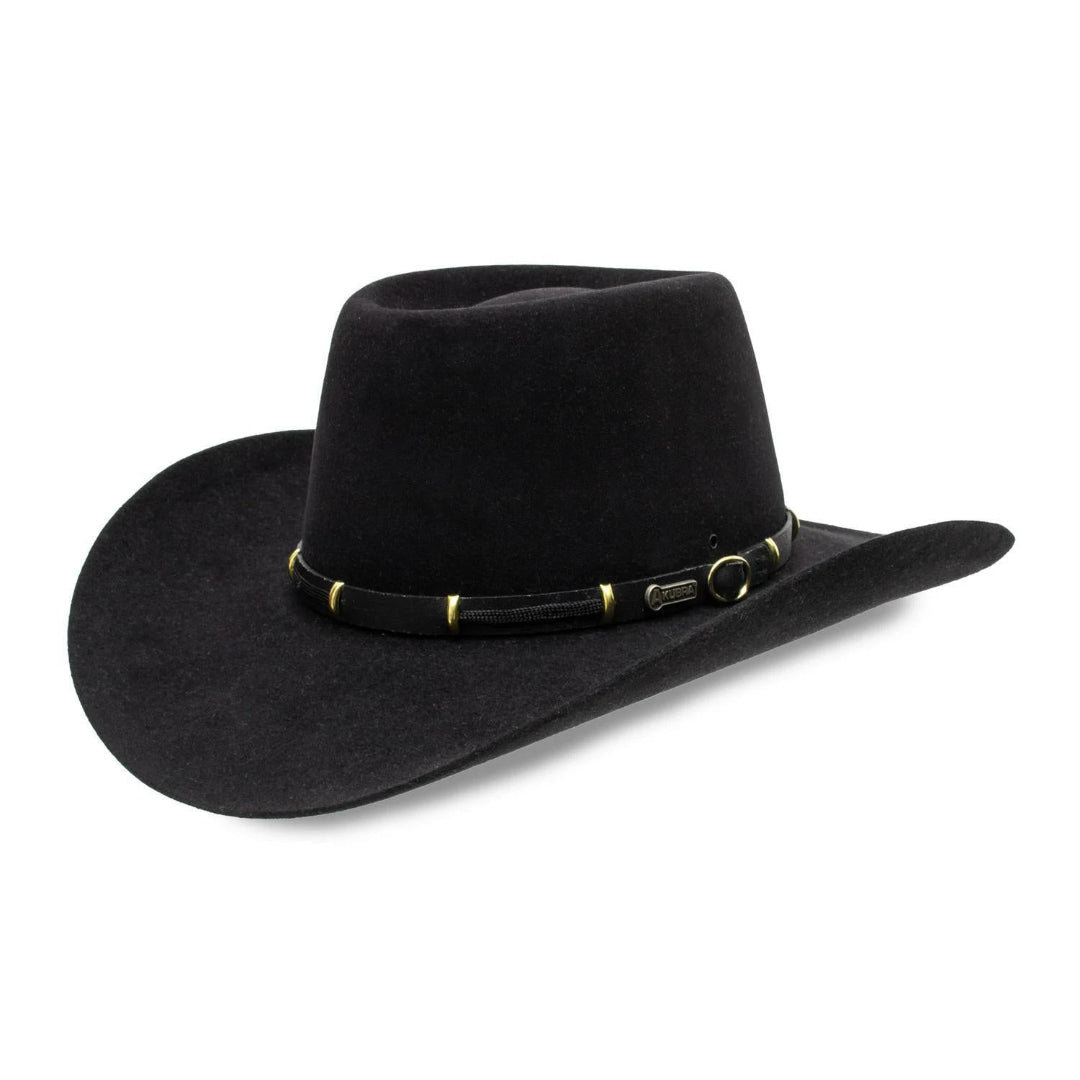 Akubra The Boss fur felt western hat in tan, side profile view.