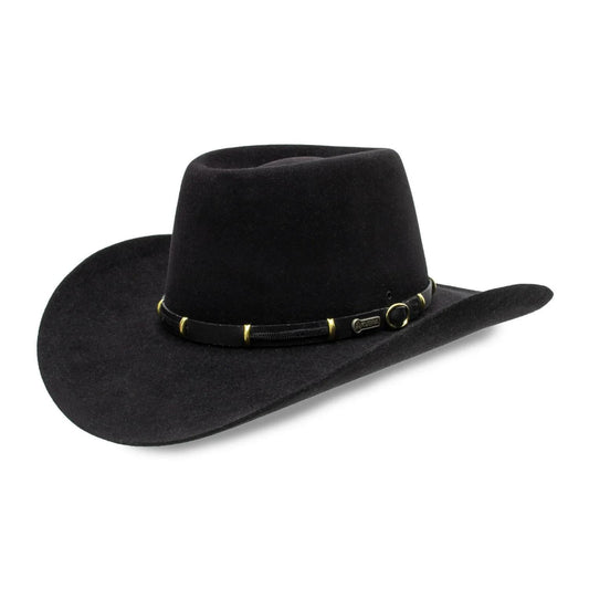 Akubra The Boss fur felt western hat in tan, side profile view.