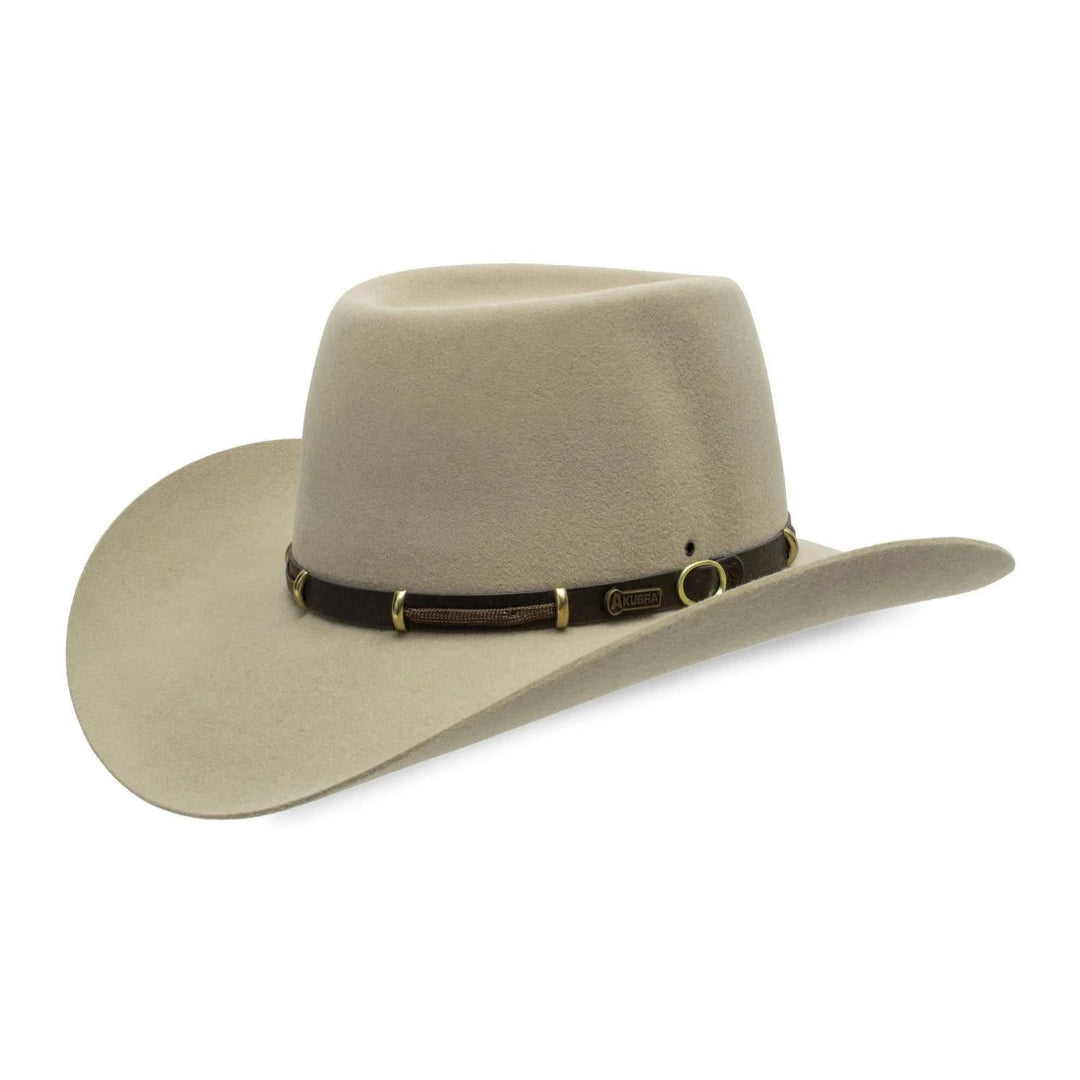 Akubra The Boss fur felt western hat showing close-up of the brass-studded leather hat band.