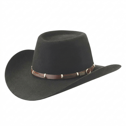 Akubra The Boss fur felt western hat in tan, top-down view showing crown indentation.