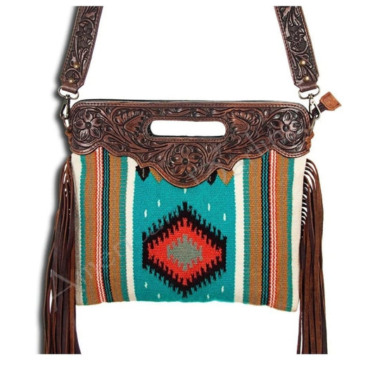 American Darling Purse With Saddle Blanket, Fringe and Tooled Leather ADBG496E - American Darling