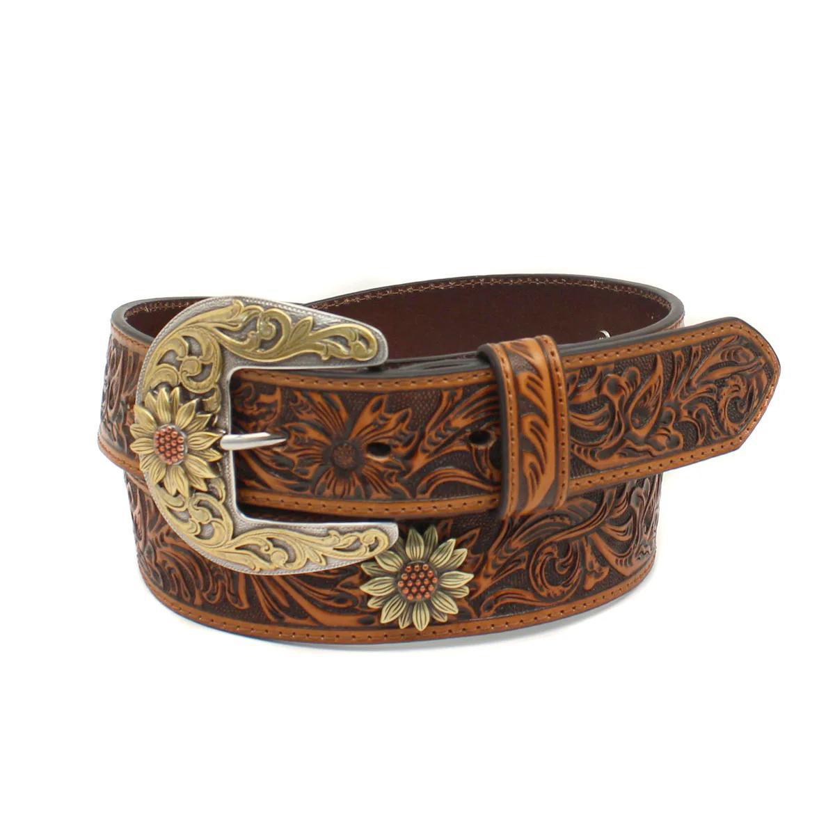 Ariat Women's Leather Belt Tan 1-1/2" Wide Strap Floral Tooled Copper and Gold Sunflower weis-western-wear