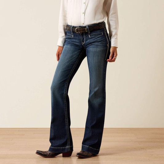 Ariat Entwined mid-rise trouser jean in dark wash, front view showing the wide-leg silhouette.