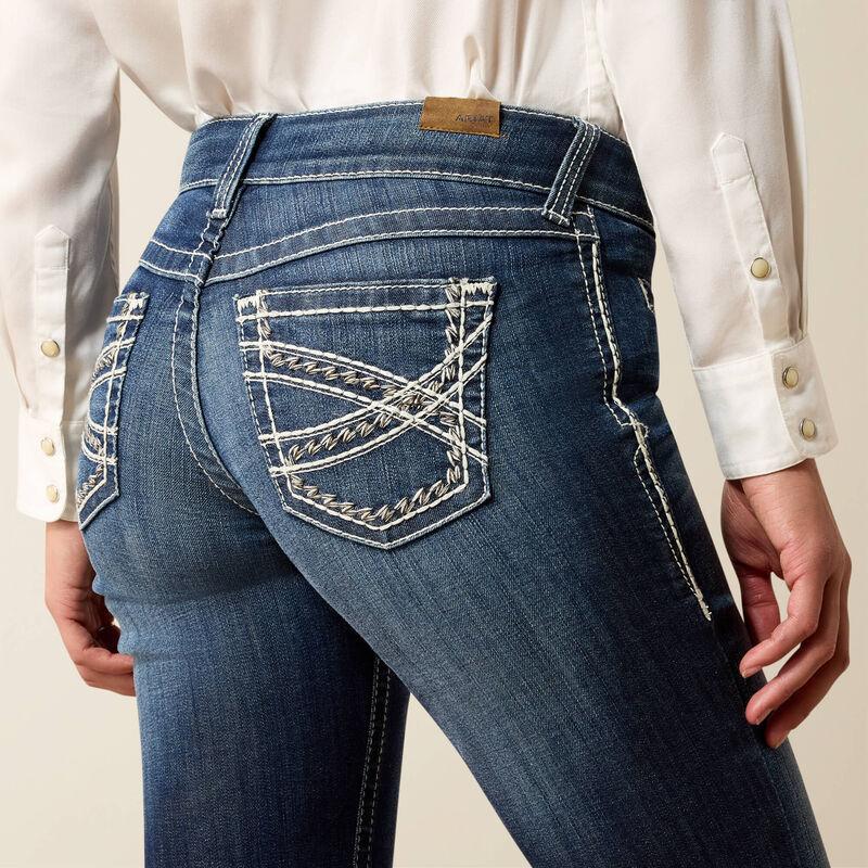 Ariat Entwined trouser jean, back view showing the decorative pocket embroidery and wide hem.