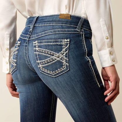 Ariat Entwined trouser jean, back view showing the decorative pocket embroidery and wide hem.