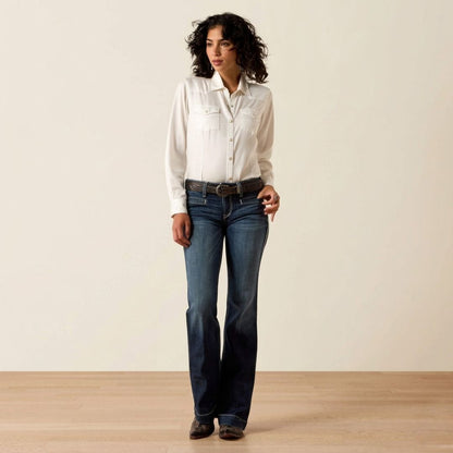 Ariat Entwined mid-rise stretch wide leg trouser jeans for women, front view on model.