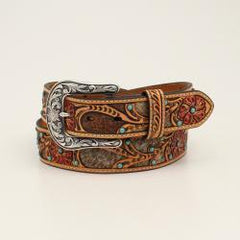 Ariat Ladies Belt 1 1/2 Calf Hair Underlay Red Flower Tan - Ariat