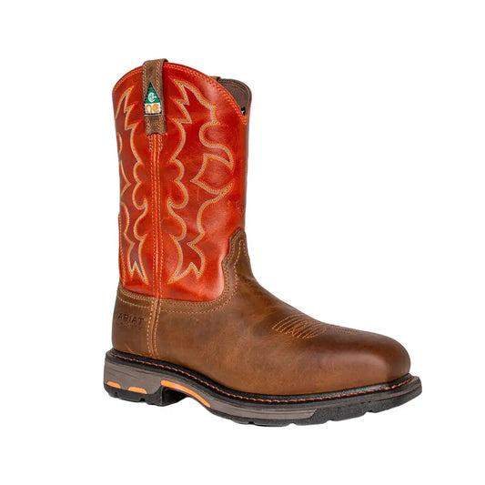Ariat Workhog CSA composite toe work boot in Dark Earth and Brick, side profile view.