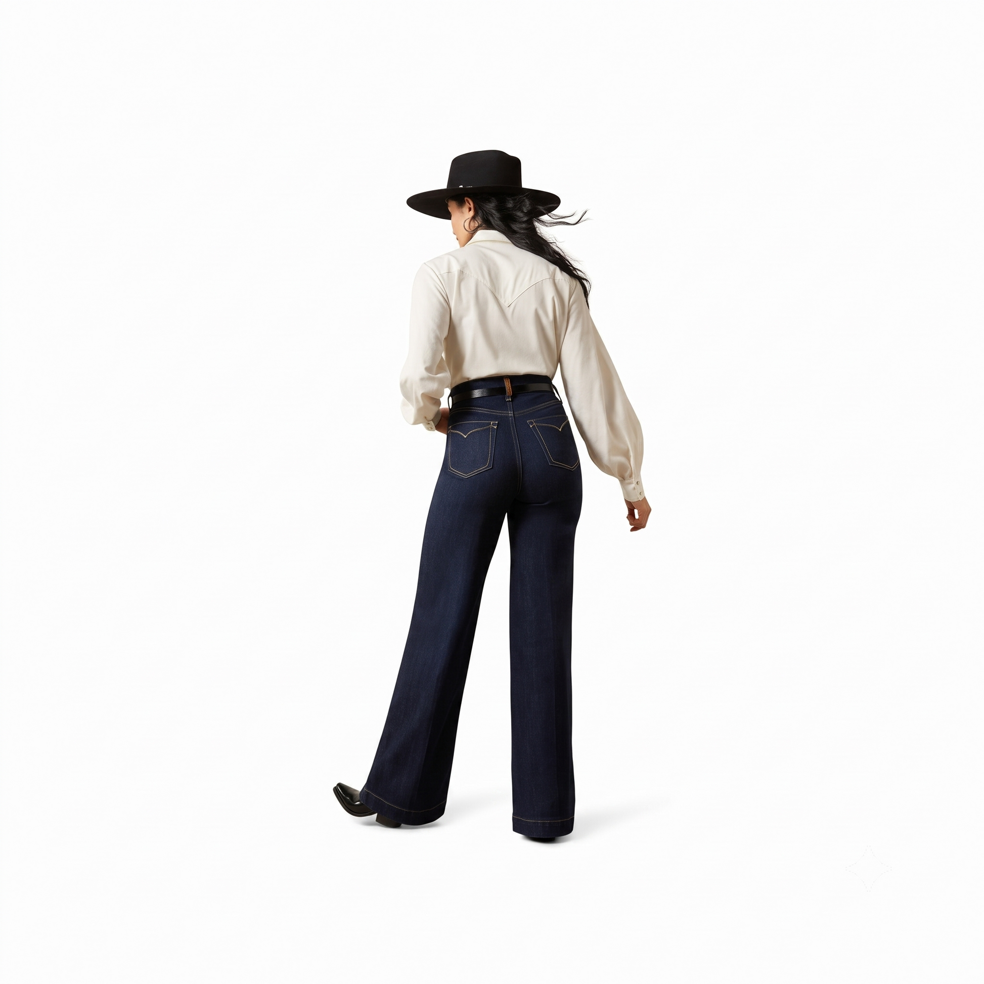 Ariat Veronica ultra high rise wide leg jeans in dark wash denim, rear model view.
