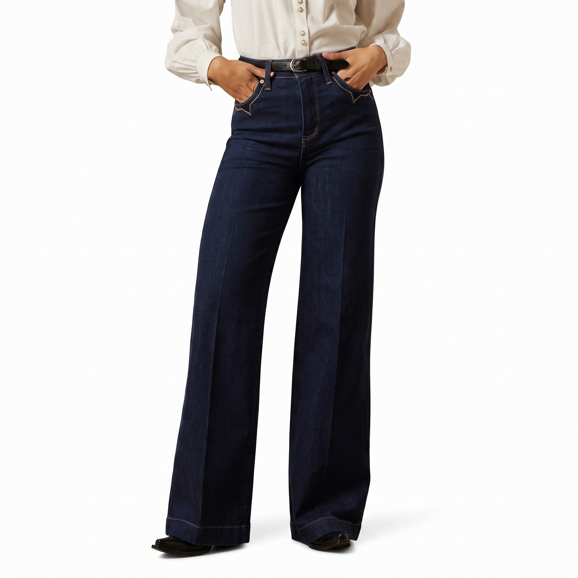 Ariat Veronica ultra high rise wide leg jeans in dark wash denim, front model view.