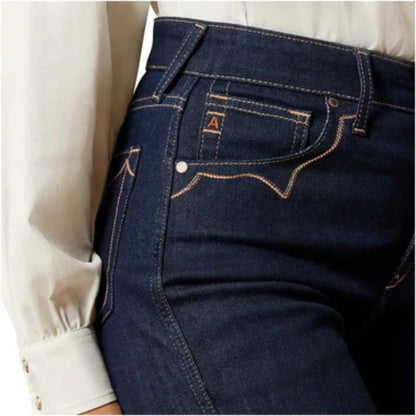 Ariat Veronica ultra high rise wide leg jeans, dark wash front pocket close-up view.